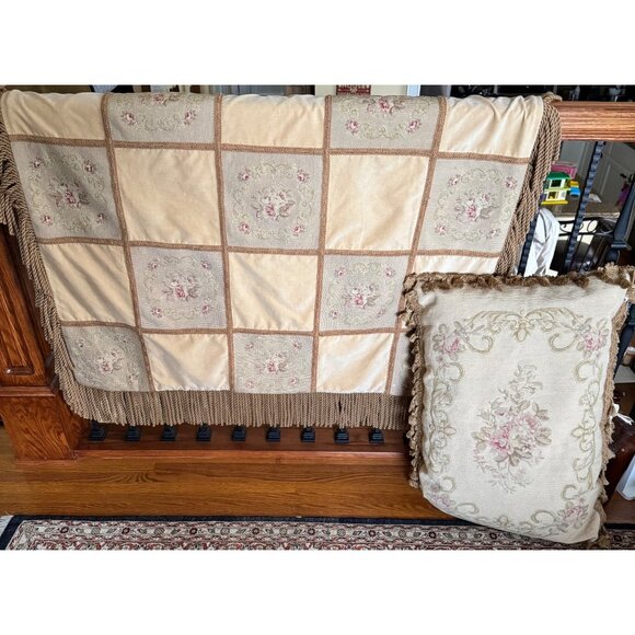 Shabby Tapestry Throw Tassel Pillow Set Beige Cover Floral Embroidered Vintage - Picture 11 of 16